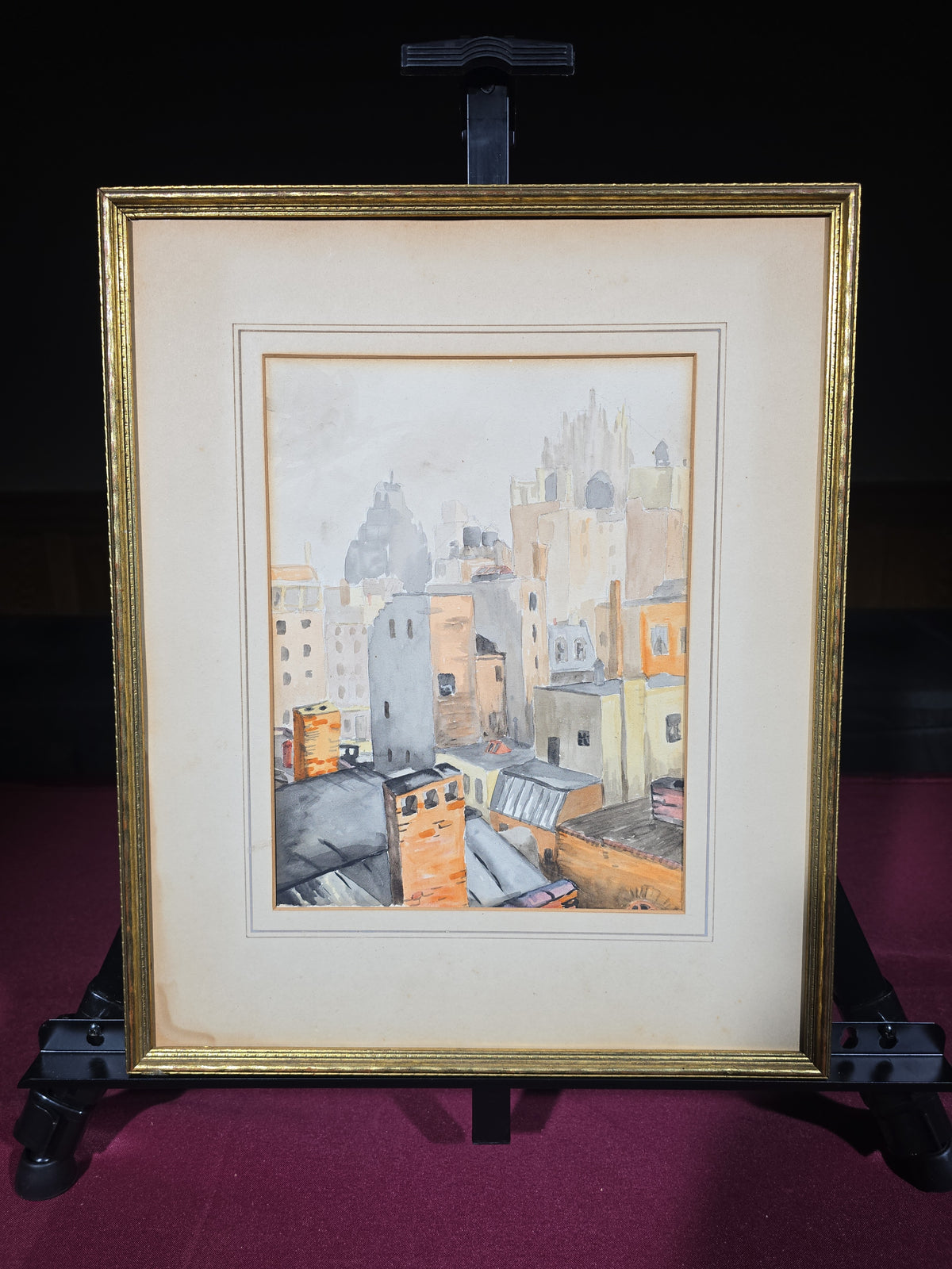 Antique Framed Watercolor Painting on Paper, Urban Rooftop Cityscape, No Glass in Frame