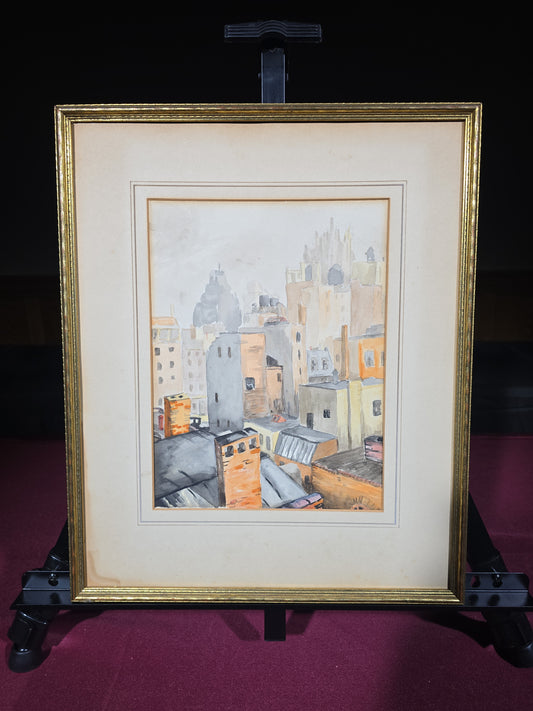 Antique Framed Watercolor Painting on Paper, Urban Rooftop Cityscape, No Glass in Frame