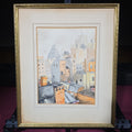 Lot 137 - Antique Framed Watercolor Painting on Paper, Urban Rooftop Cityscape, no Glass in Frame, 13-3/4" W x 16-3/4" H