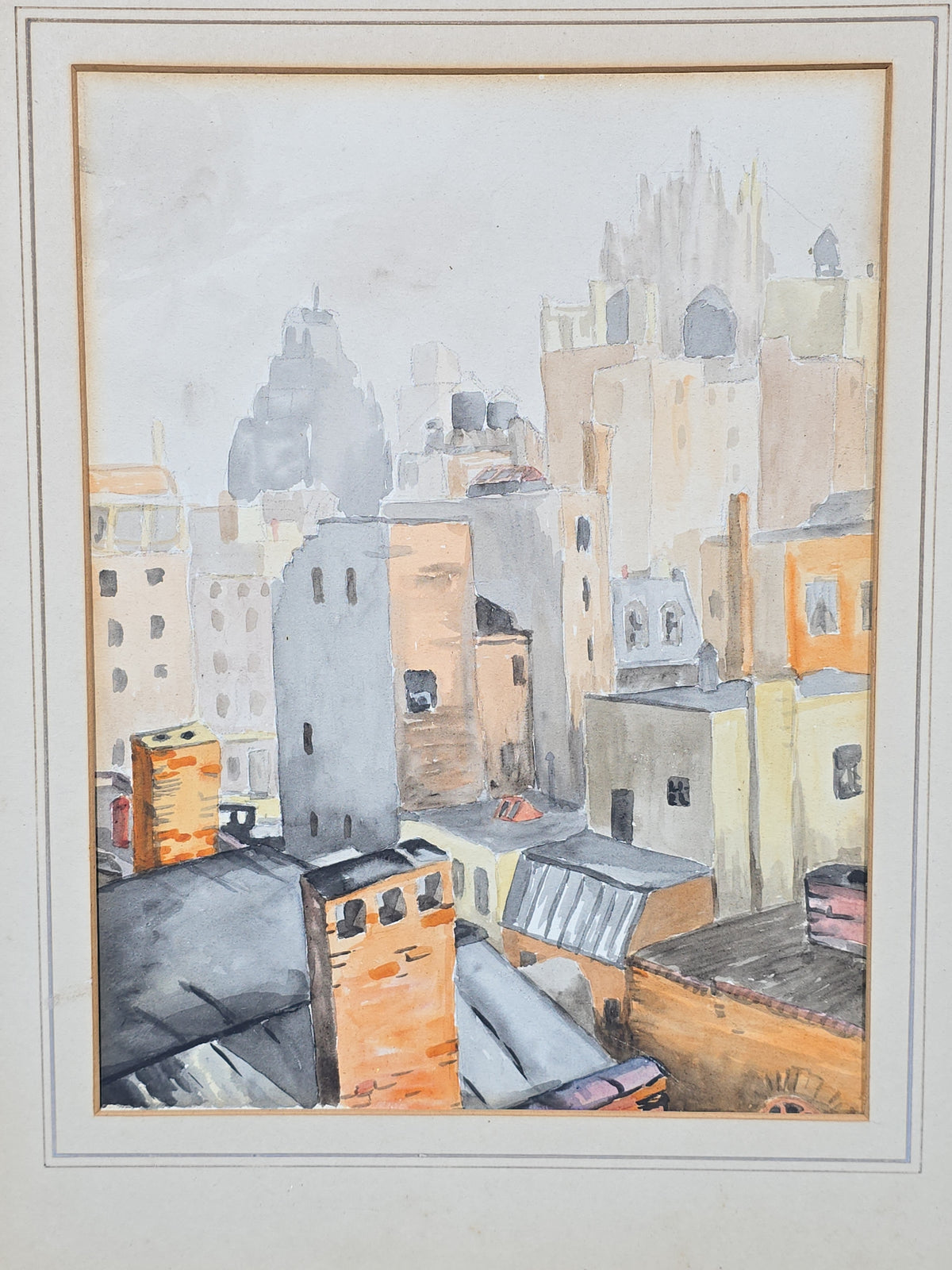Antique Framed Watercolor Painting on Paper, Urban Rooftop Cityscape, No Glass in Frame