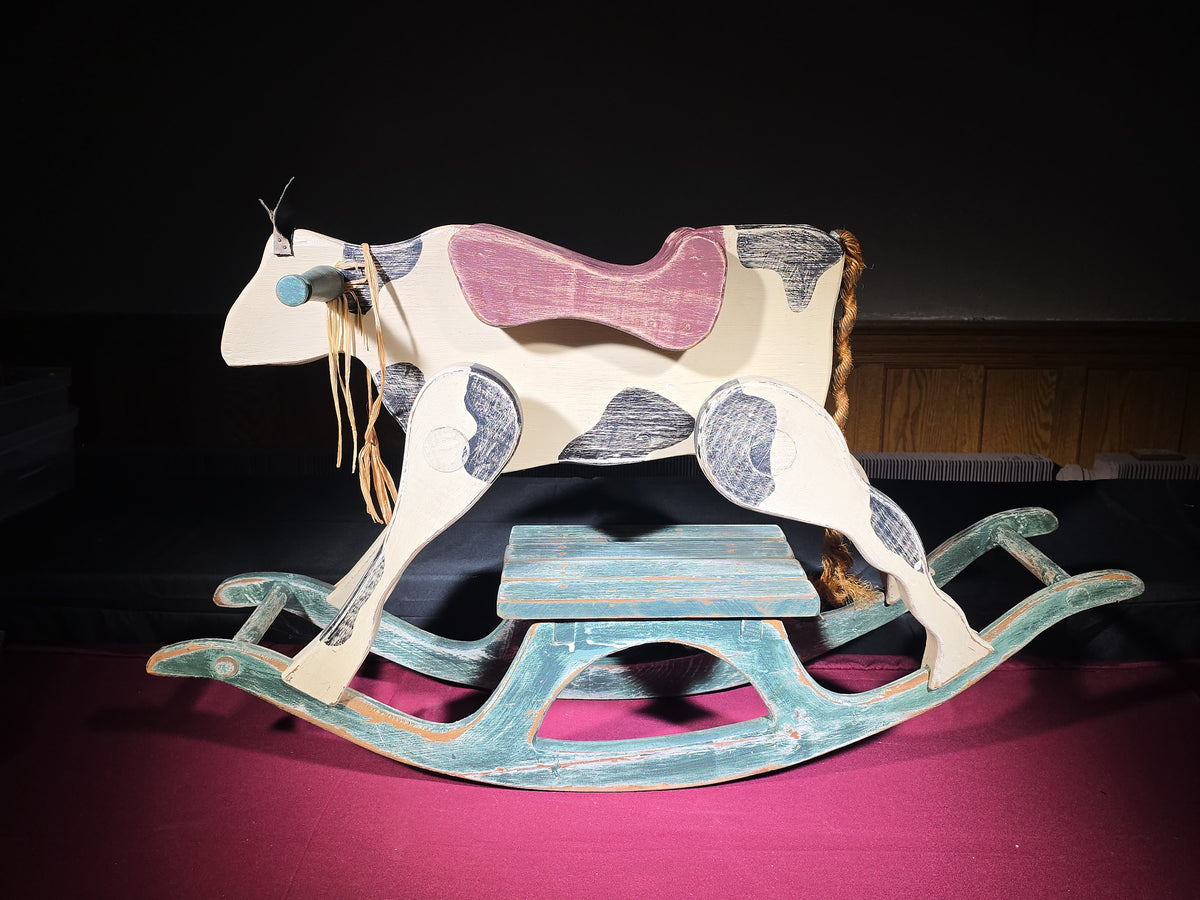 Vintage Painted Wooden Rocking Cow Ride-On Toy