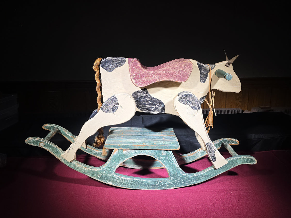 Vintage Painted Wooden Rocking Cow Ride-On Toy