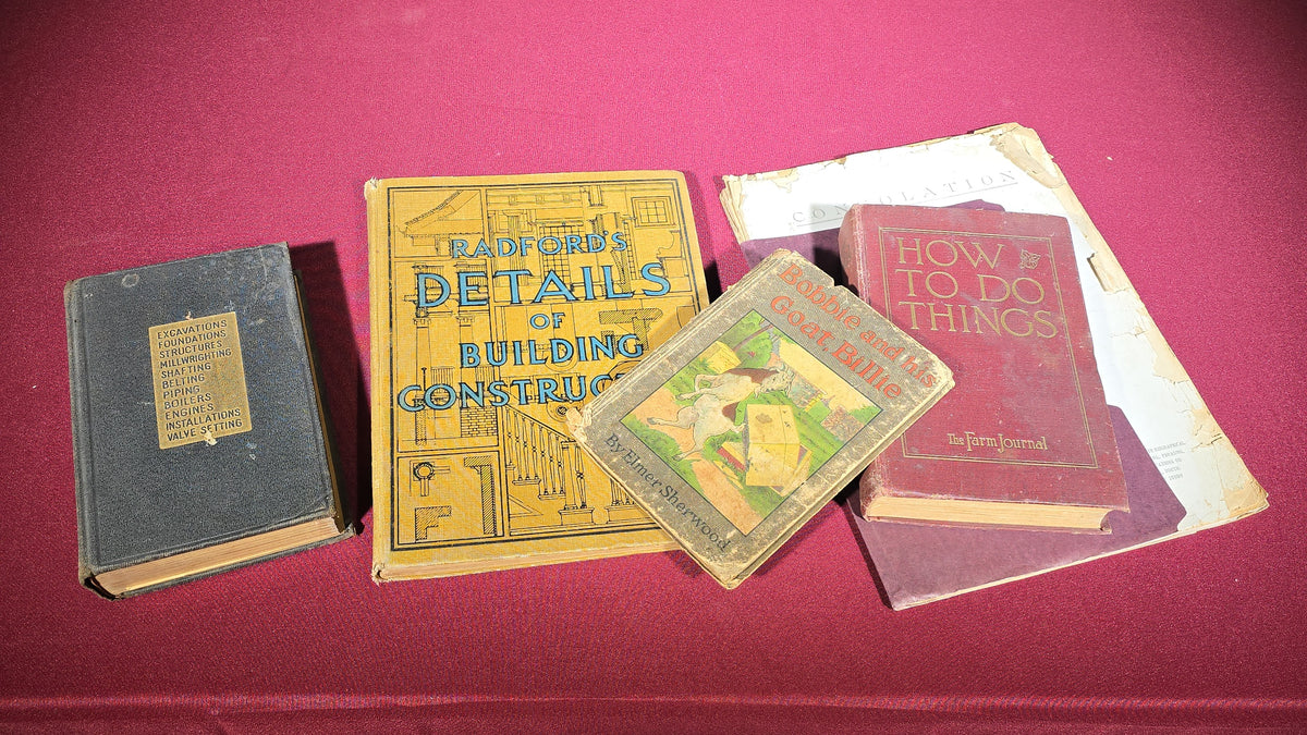 Grouping of Five Antique Books including "Erecting and Operating," "Radford's Details of Building Construction," "How to Do Things," and "Bobbie and His Goat, Billie"