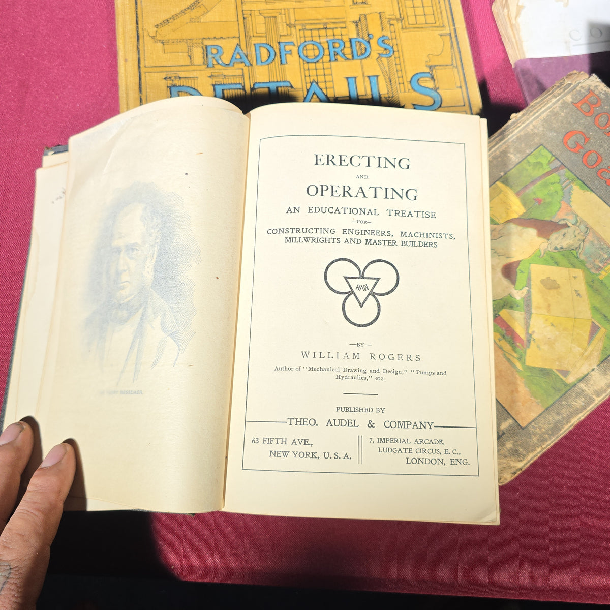 Grouping of Five Antique Books including "Erecting and Operating," "Radford's Details of Building Construction," "How to Do Things," and "Bobbie and His Goat, Billie"