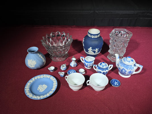 Grouping of Antique and Vintage Wedgwood Jasperware, Blue Willow Miniatures, and Pressed Glass