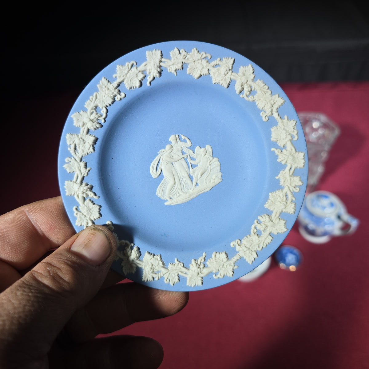 Grouping of Antique and Vintage Wedgwood Jasperware, Blue Willow Miniatures, and Pressed Glass