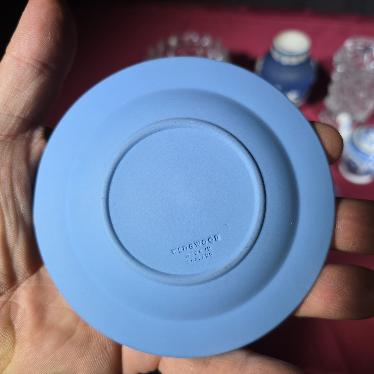 Grouping of Antique and Vintage Wedgwood Jasperware, Blue Willow Miniatures, and Pressed Glass