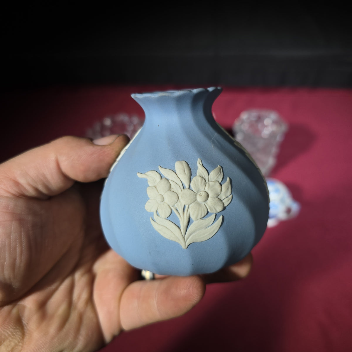 Grouping of Antique and Vintage Wedgwood Jasperware, Blue Willow Miniatures, and Pressed Glass