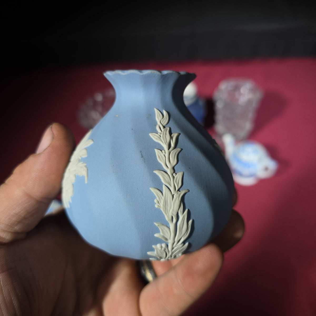 Grouping of Antique and Vintage Wedgwood Jasperware, Blue Willow Miniatures, and Pressed Glass