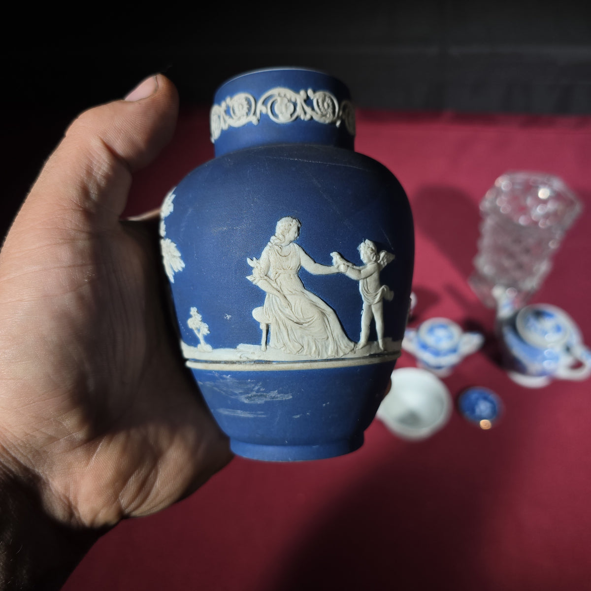 Grouping of Antique and Vintage Wedgwood Jasperware, Blue Willow Miniatures, and Pressed Glass