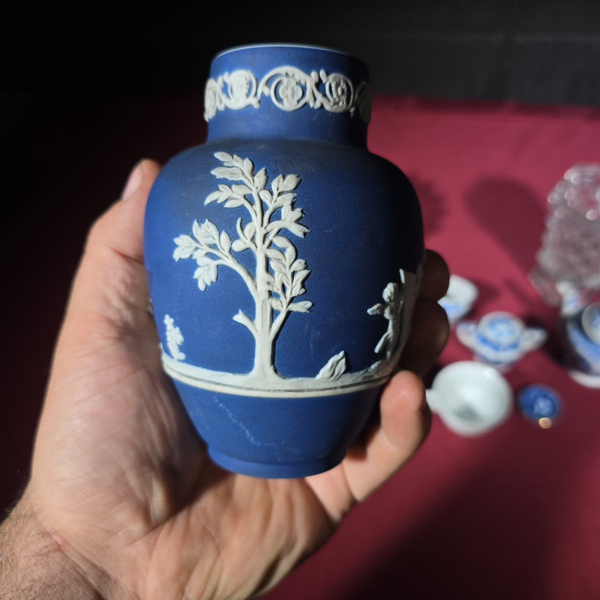 Grouping of Antique and Vintage Wedgwood Jasperware, Blue Willow Miniatures, and Pressed Glass