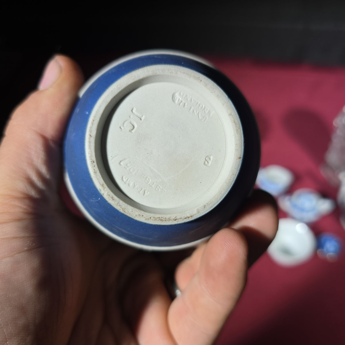 Grouping of Antique and Vintage Wedgwood Jasperware, Blue Willow Miniatures, and Pressed Glass