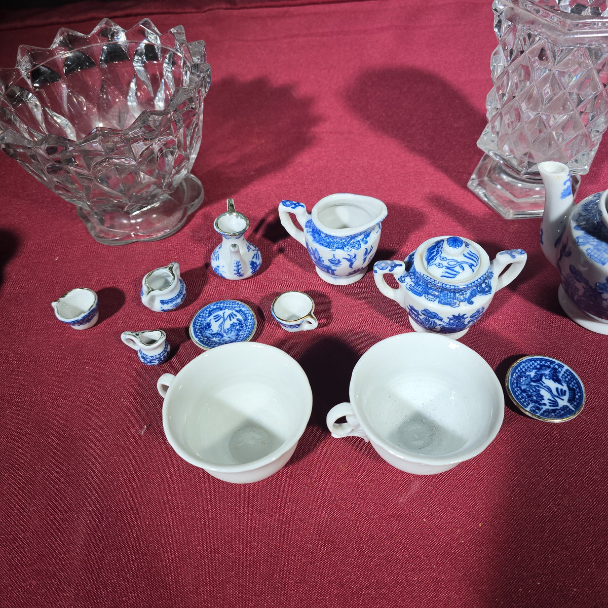 Grouping of Antique and Vintage Wedgwood Jasperware, Blue Willow Miniatures, and Pressed Glass