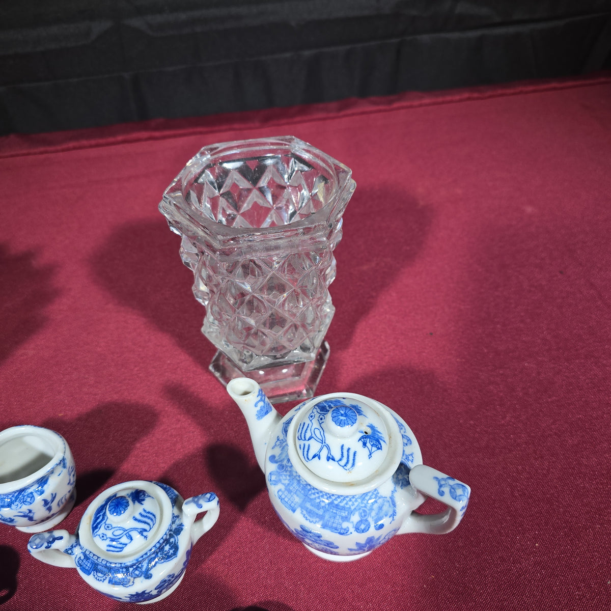 Grouping of Antique and Vintage Wedgwood Jasperware, Blue Willow Miniatures, and Pressed Glass
