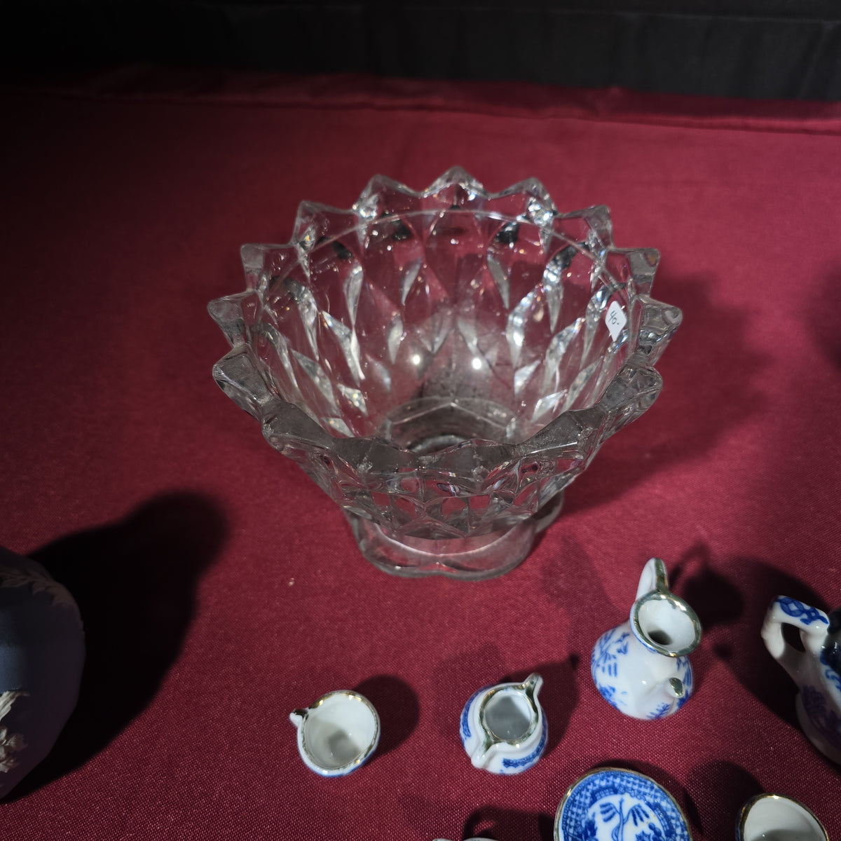 Grouping of Antique and Vintage Wedgwood Jasperware, Blue Willow Miniatures, and Pressed Glass