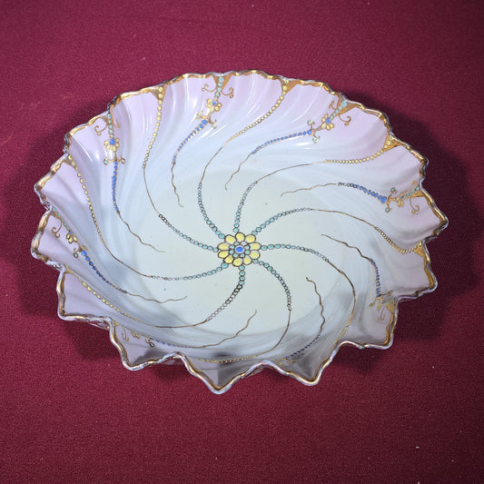 Antique Japanese Hand-Painted Porcelain Swirl Bowl with Gold Trim and Enameled Decoration