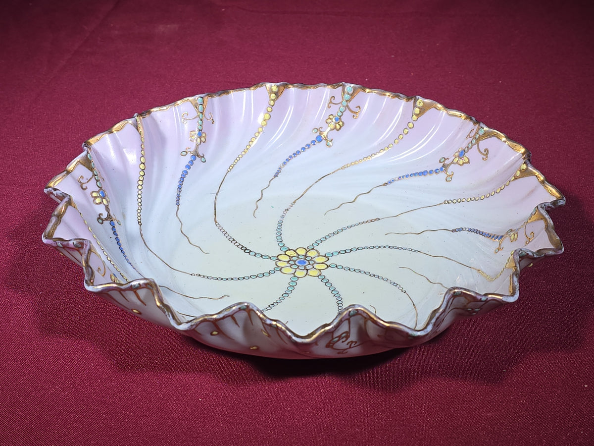 Antique Japanese Hand-Painted Porcelain Swirl Bowl with Gold Trim and Enameled Decoration