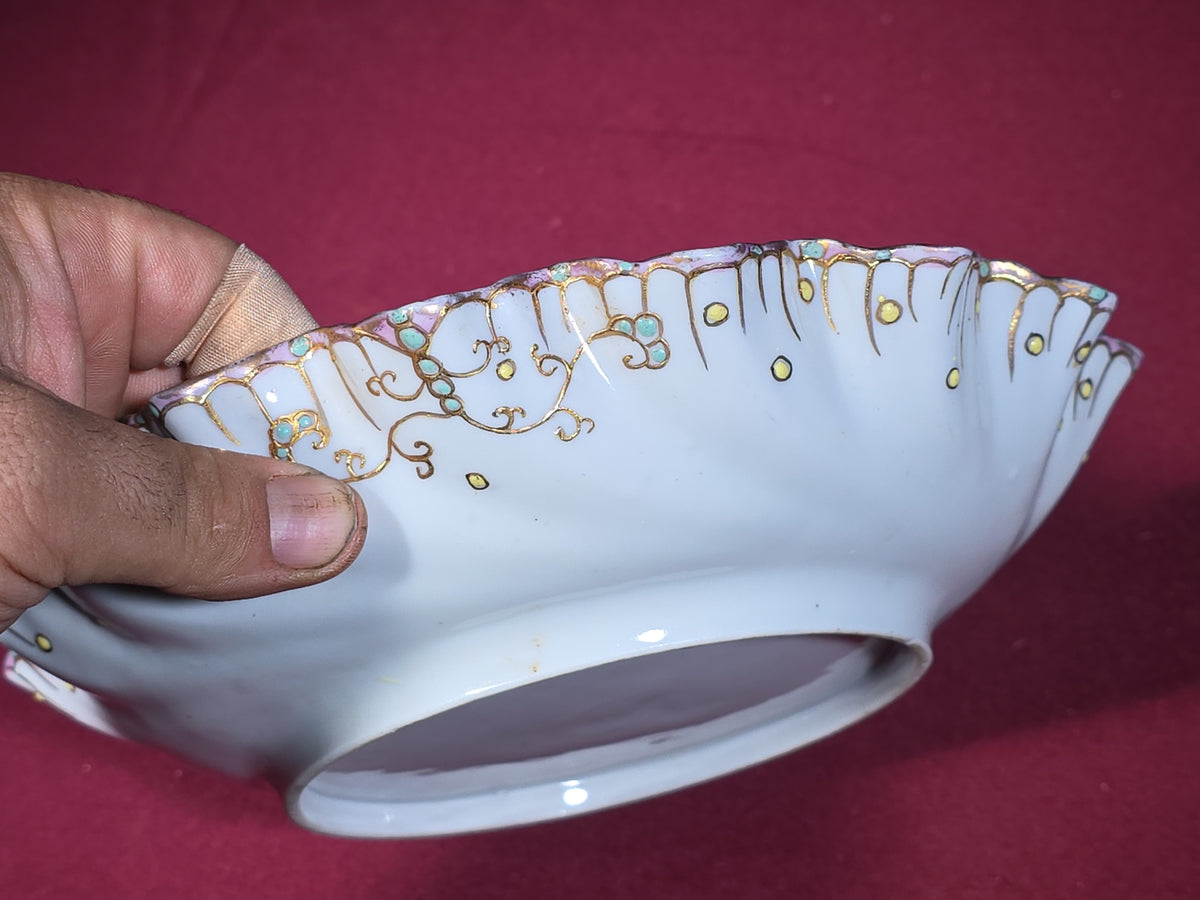 Antique Japanese Hand-Painted Porcelain Swirl Bowl with Gold Trim and Enameled Decoration