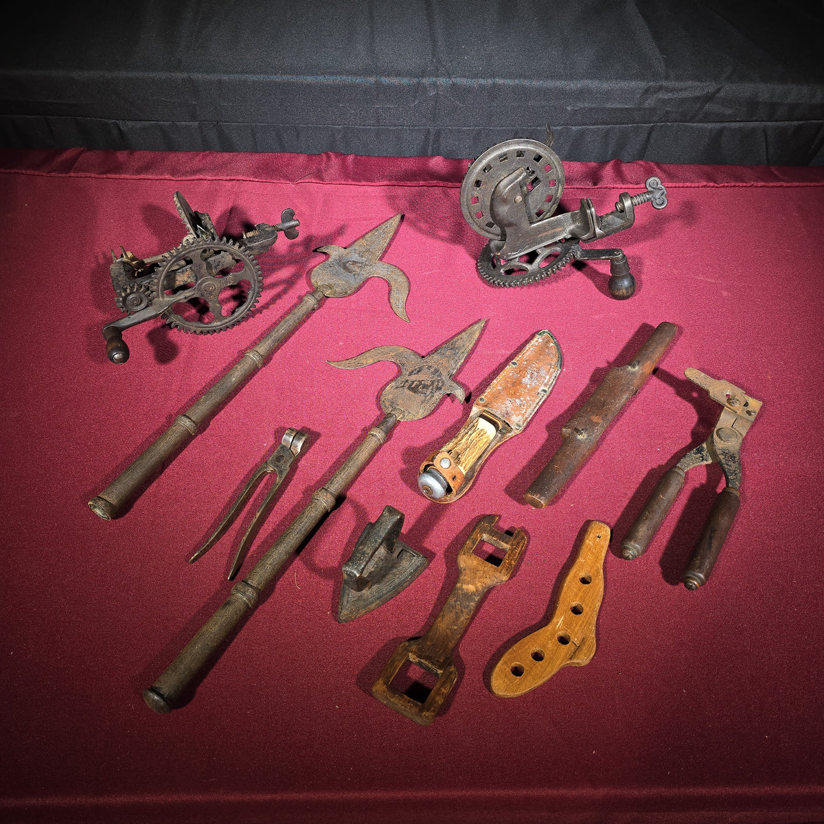 Grouping of Antique and Vintage Tools and Hardware including Apple Peeler, Hand Drill, Halberd-Style Spear Heads, and Solingen Germany Hunting Knife