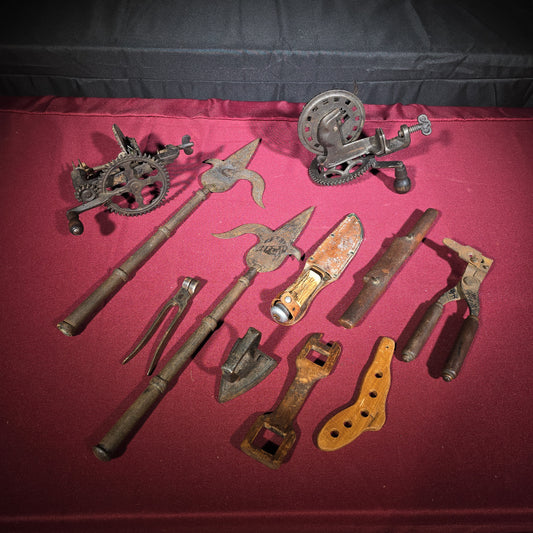 Grouping of Antique and Vintage Tools and Hardware including Apple Peeler, Hand Drill, Halberd-Style Spear Heads, and Solingen Germany Hunting Knife