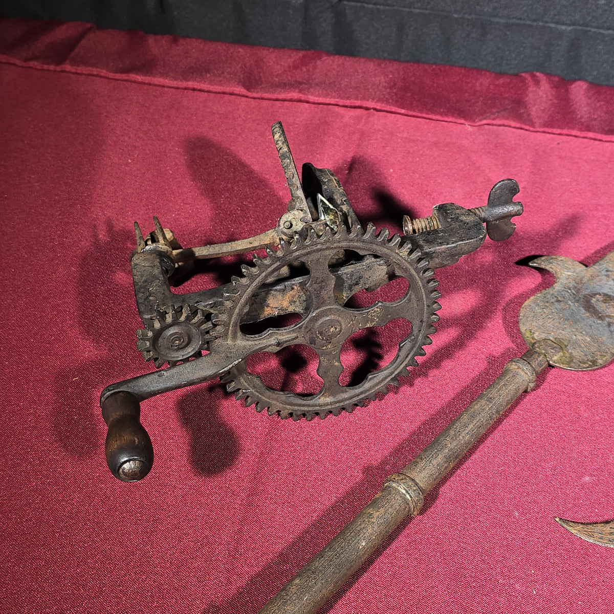 Grouping of Antique and Vintage Tools and Hardware including Apple Peeler, Hand Drill, Halberd-Style Spear Heads, and Solingen Germany Hunting Knife