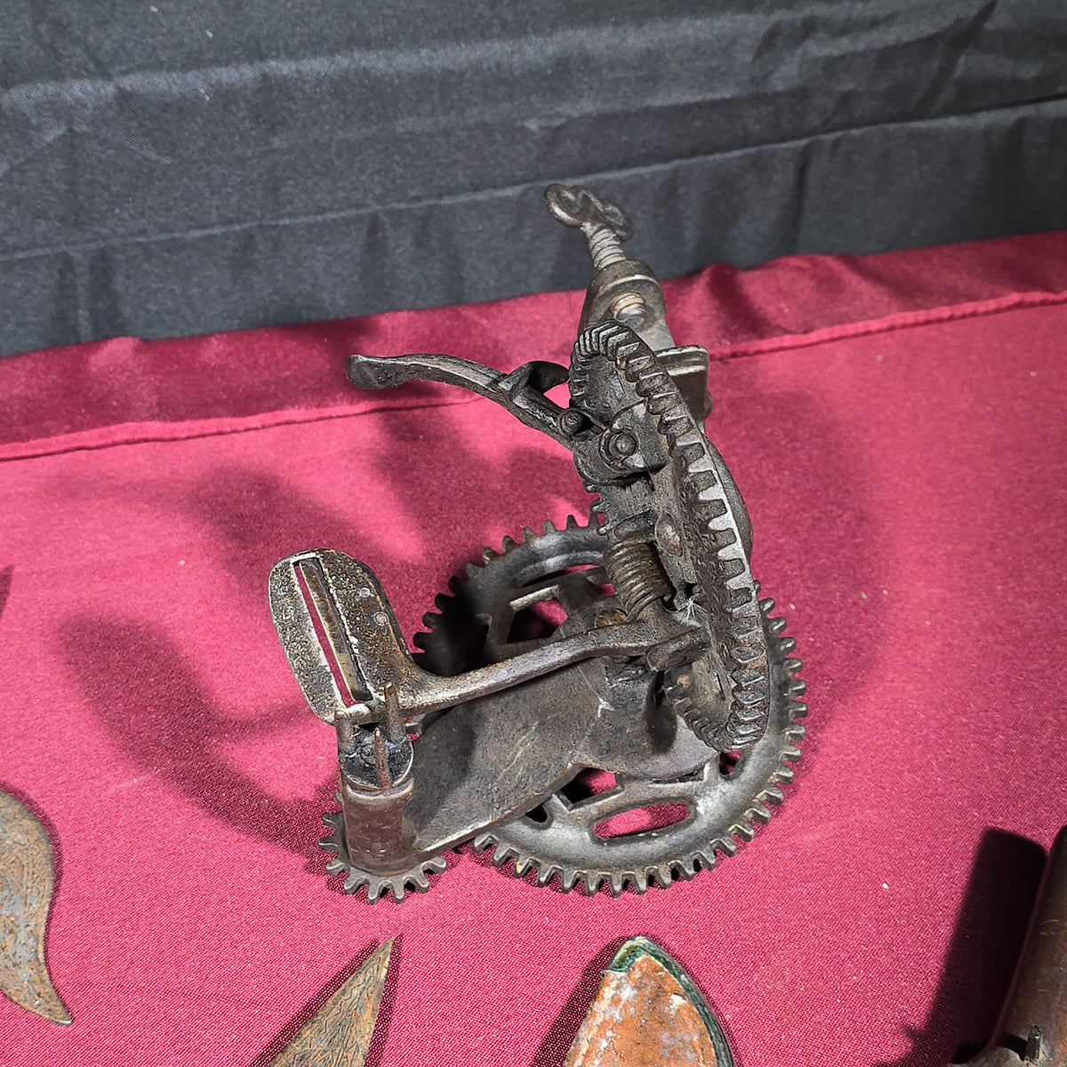 Grouping of Antique and Vintage Tools and Hardware including Apple Peeler, Hand Drill, Halberd-Style Spear Heads, and Solingen Germany Hunting Knife