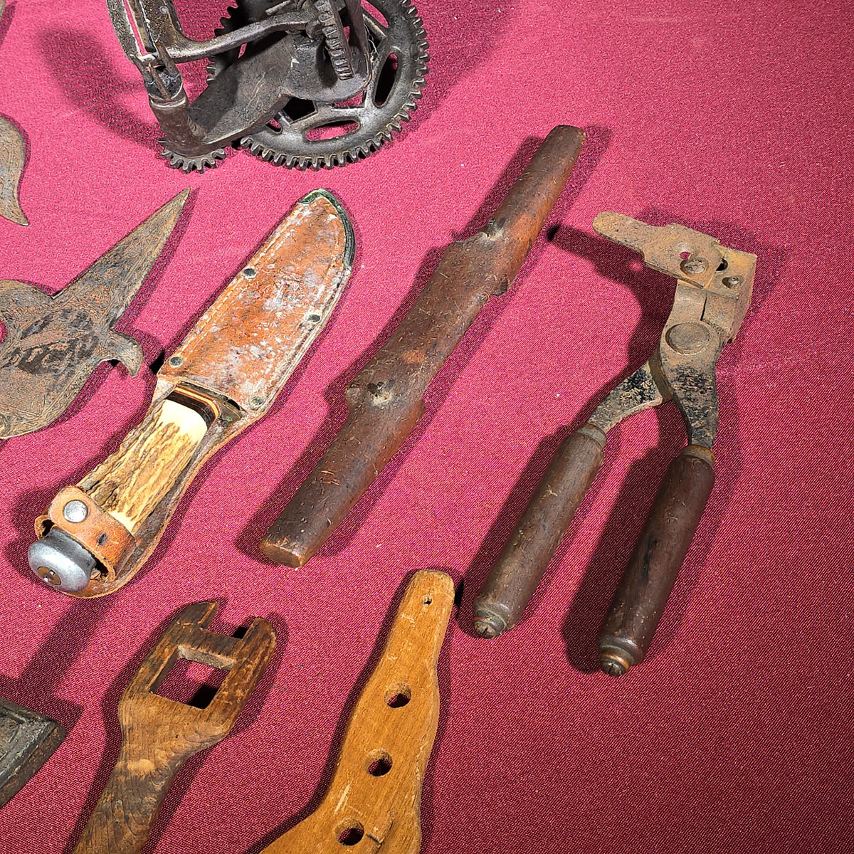 Grouping of Antique and Vintage Tools and Hardware including Apple Peeler, Hand Drill, Halberd-Style Spear Heads, and Solingen Germany Hunting Knife