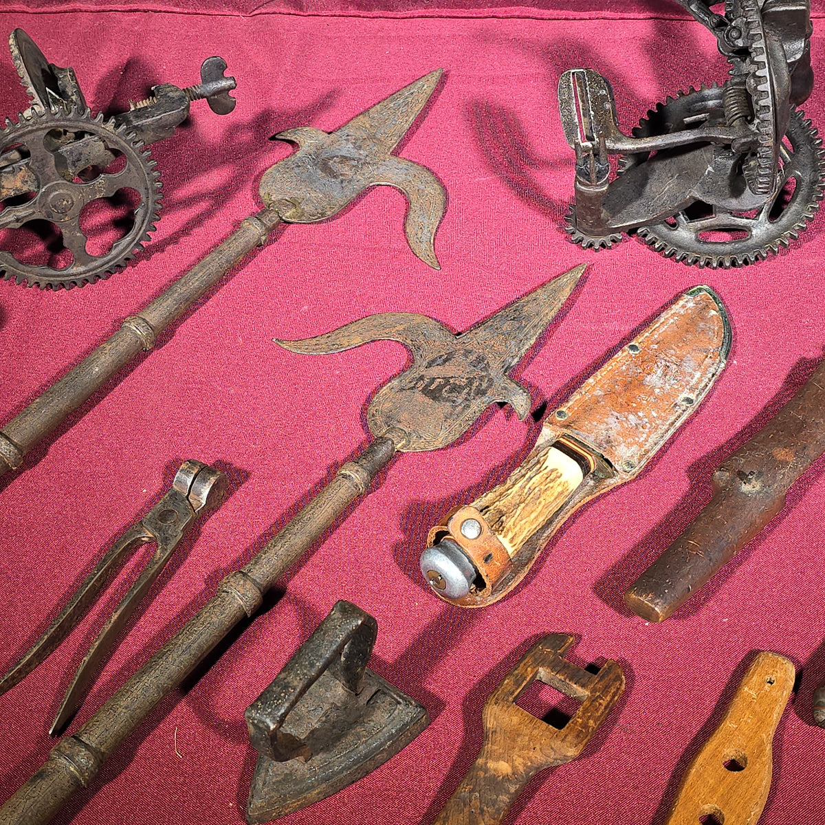 Grouping of Antique and Vintage Tools and Hardware including Apple Peeler, Hand Drill, Halberd-Style Spear Heads, and Solingen Germany Hunting Knife
