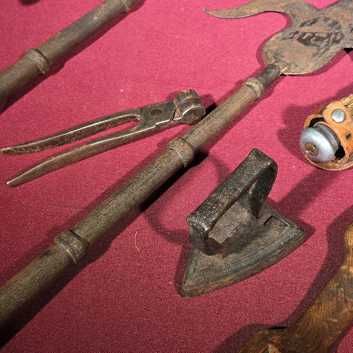Grouping of Antique and Vintage Tools and Hardware including Apple Peeler, Hand Drill, Halberd-Style Spear Heads, and Solingen Germany Hunting Knife