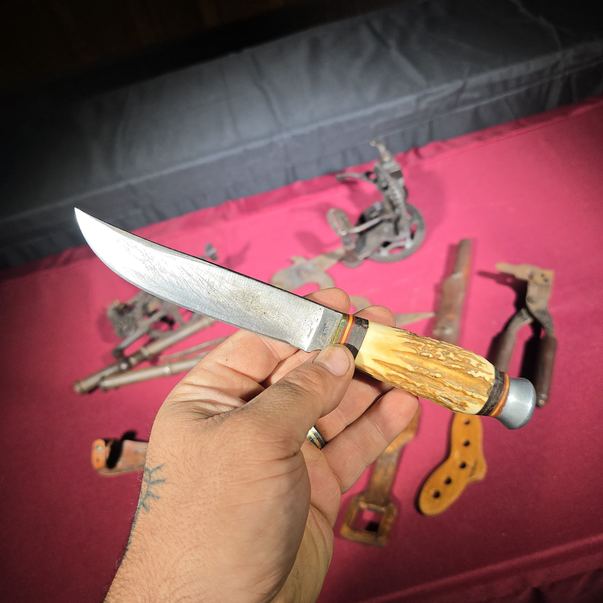 Grouping of Antique and Vintage Tools and Hardware including Apple Peeler, Hand Drill, Halberd-Style Spear Heads, and Solingen Germany Hunting Knife