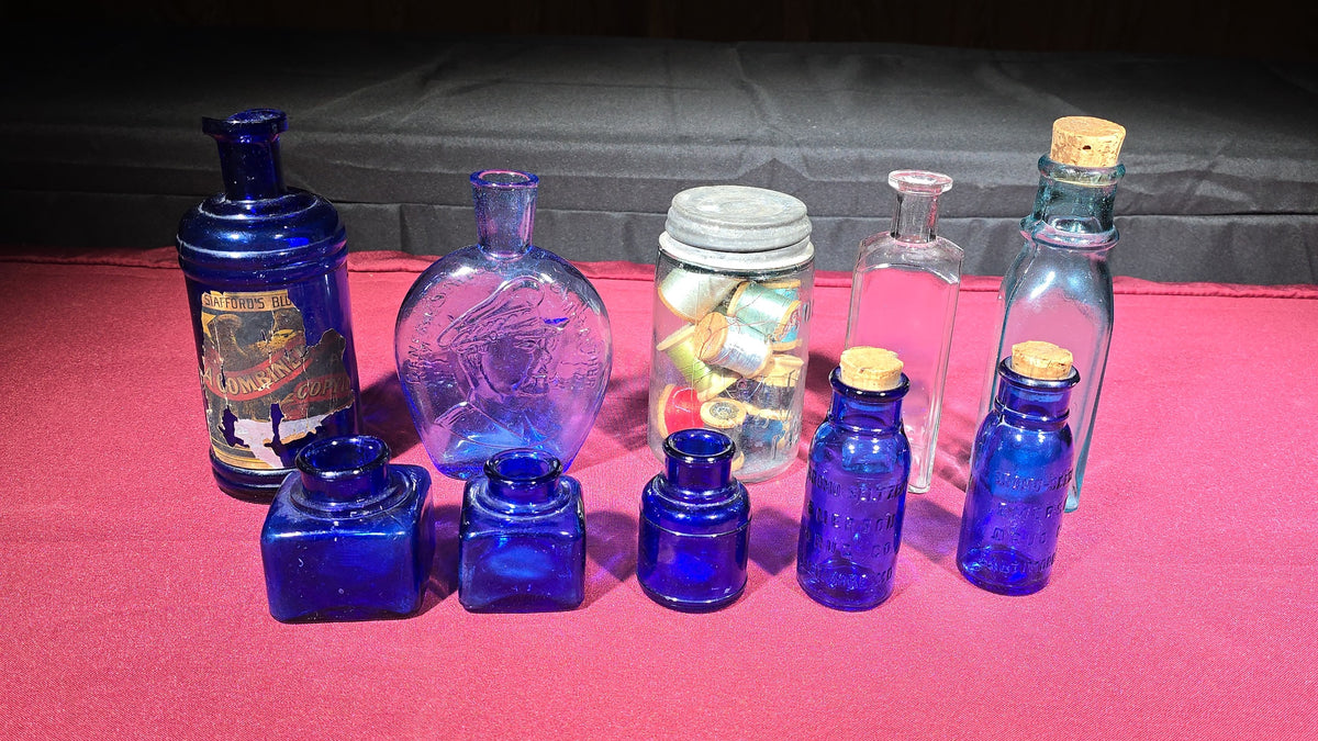 Grouping of Antique and Vintage Bottles including Cobalt Blue Ink Wells, Stafford's Ink, Bromo-Seltzer Emerson Drug Co., and Figural Flask
