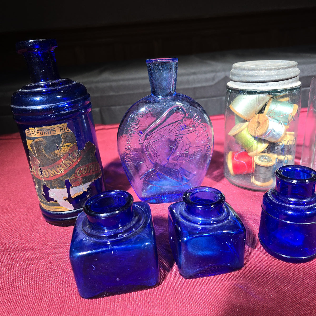 Grouping of Antique and Vintage Bottles including Cobalt Blue Ink Wells, Stafford's Ink, Bromo-Seltzer Emerson Drug Co., and Figural Flask