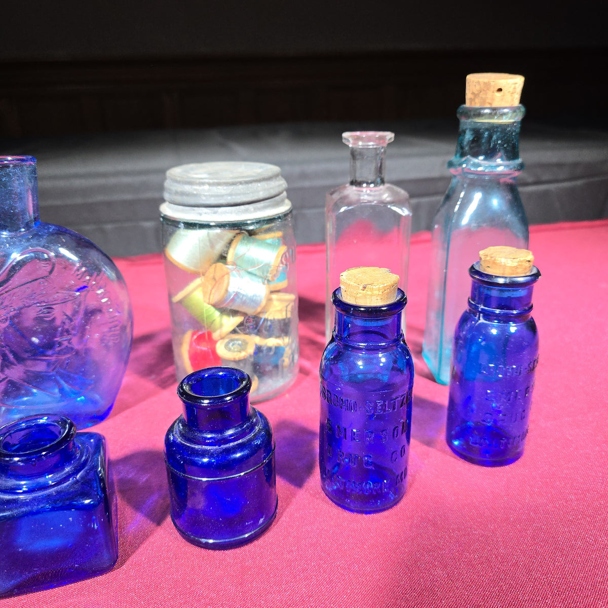 Grouping of Antique and Vintage Bottles including Cobalt Blue Ink Wells, Stafford's Ink, Bromo-Seltzer Emerson Drug Co., and Figural Flask