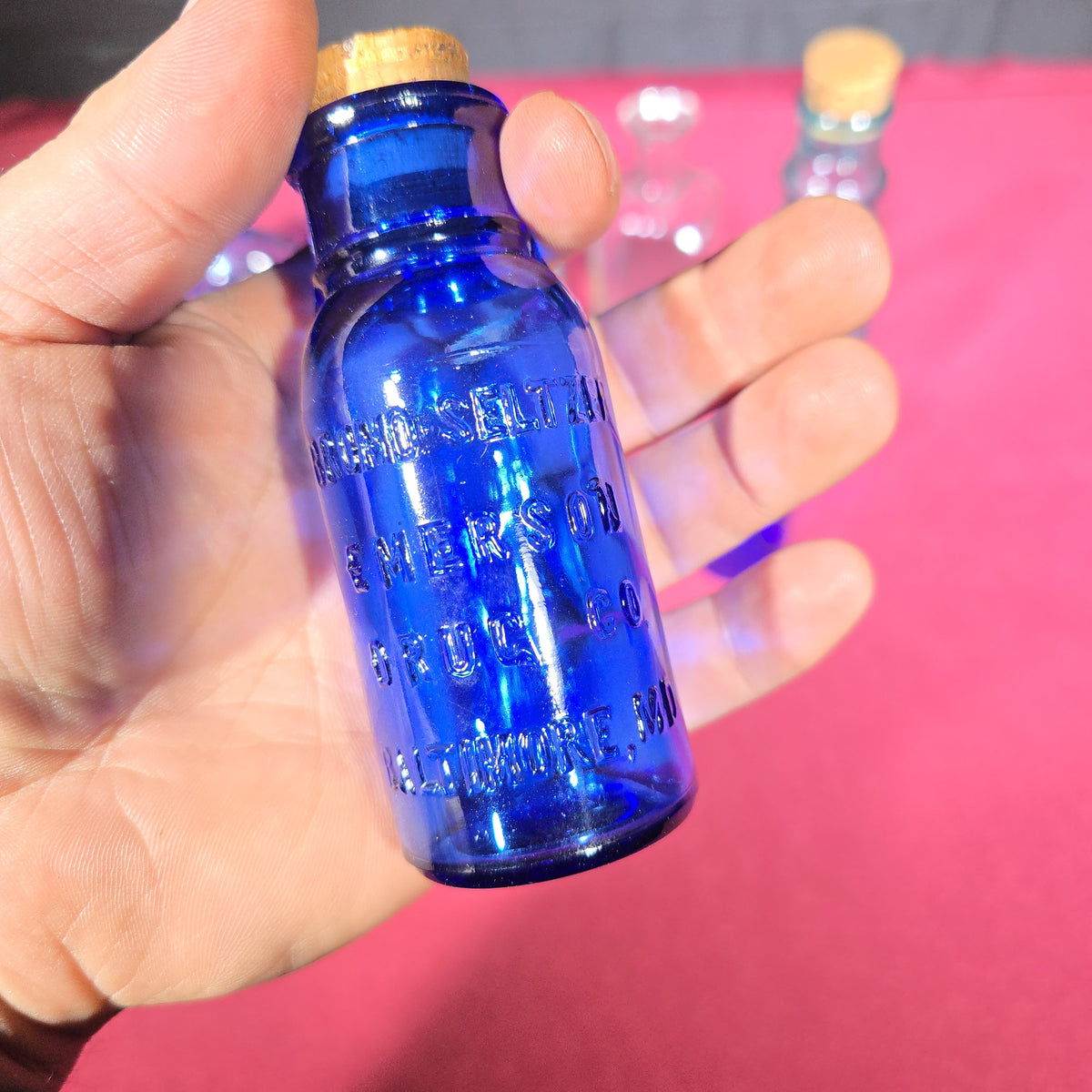 Grouping of Antique and Vintage Bottles including Cobalt Blue Ink Wells, Stafford's Ink, Bromo-Seltzer Emerson Drug Co., and Figural Flask