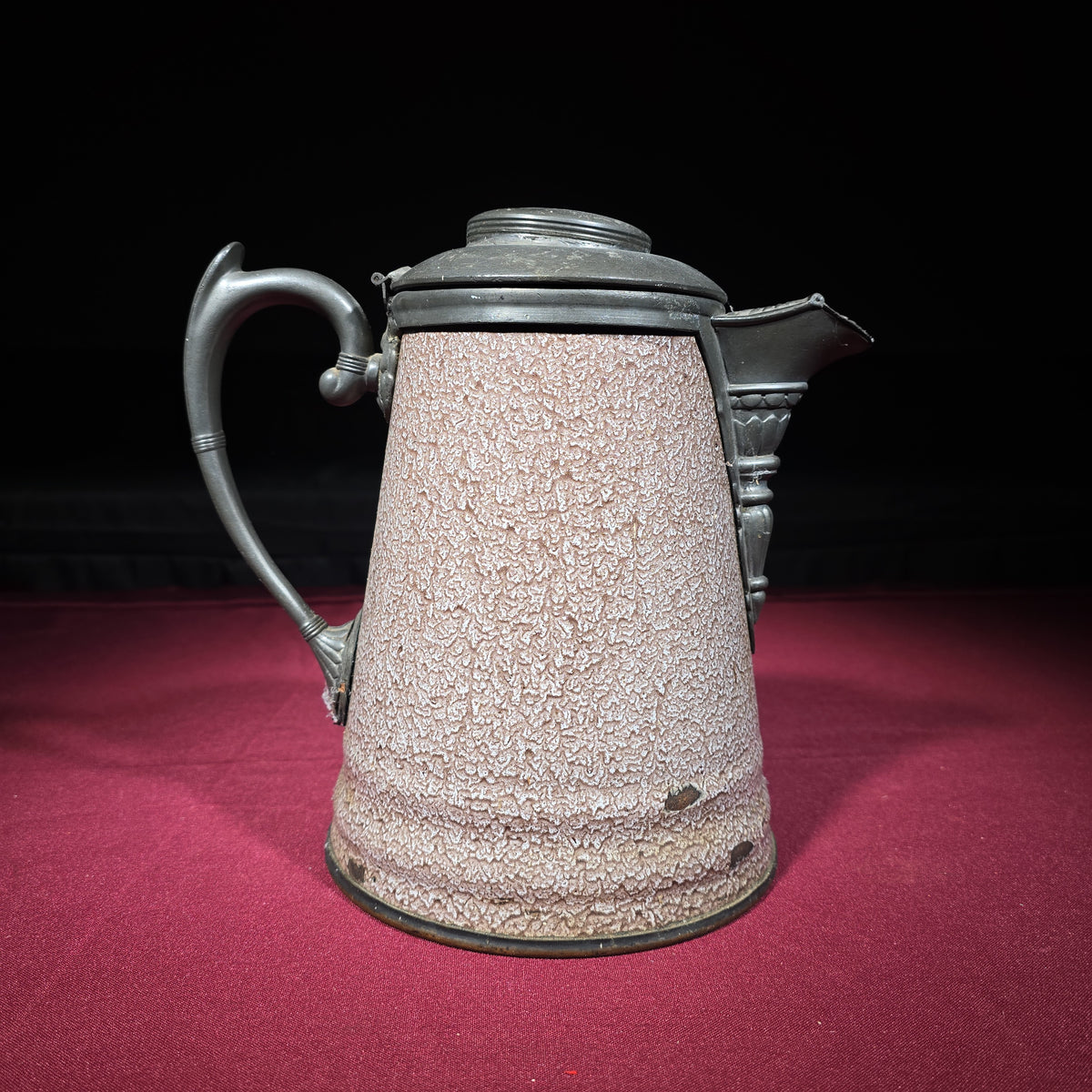 Antique Graniteware Pitcher with Pewter Lid, Handle, and Spout