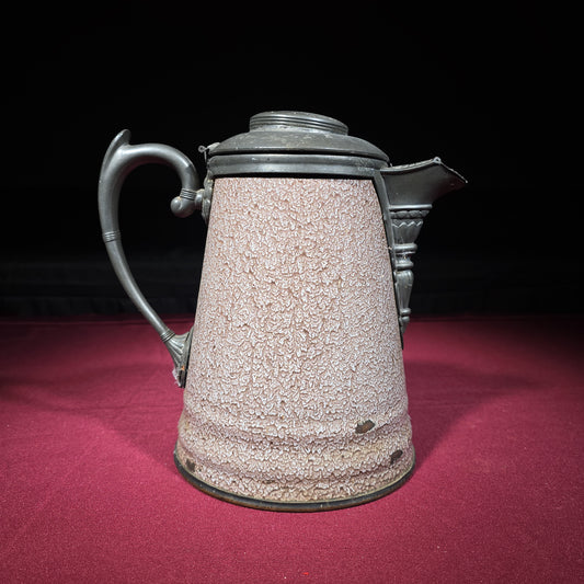 Antique Graniteware Pitcher with Pewter Lid, Handle, and Spout