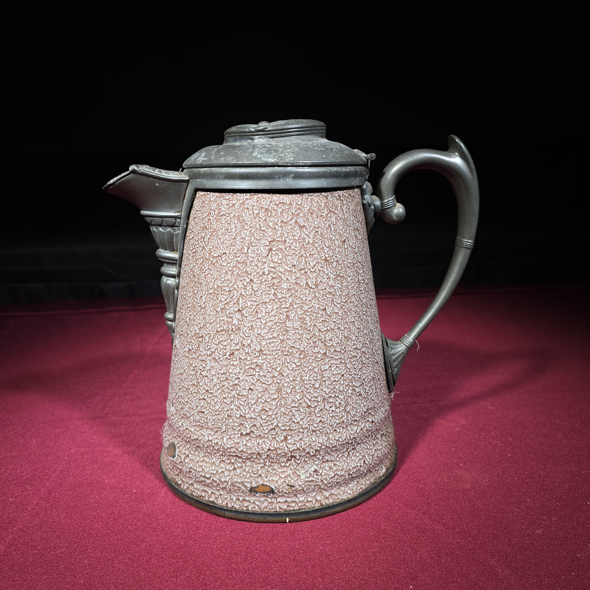 Antique Graniteware Pitcher with Pewter Lid, Handle, and Spout