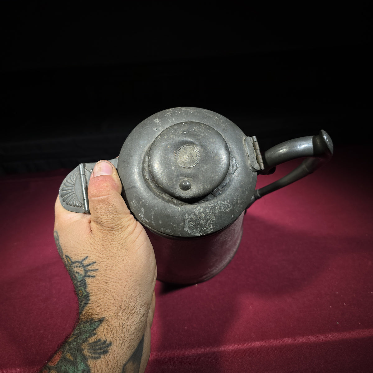 Antique Graniteware Pitcher with Pewter Lid, Handle, and Spout