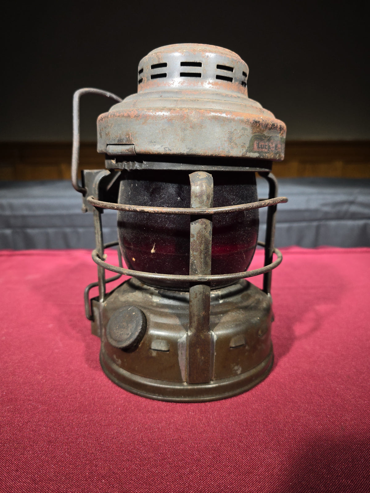 Vintage Embury Luck-E-Lite No. 25 Kerosene Lantern with Red Globe, Manufactured by Embury Manufacturing Company, Warsaw, New York