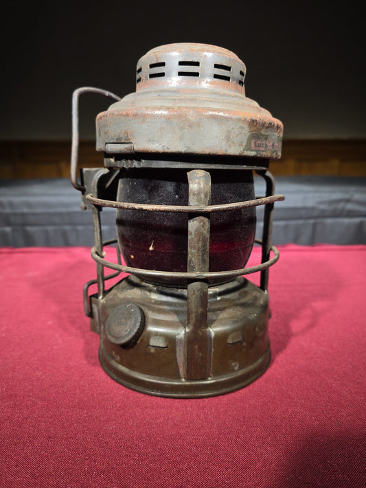 Vintage Embury Luck-E-Lite No. 25 Kerosene Lantern with Red Globe, Manufactured by Embury Manufacturing Company, Warsaw, New York