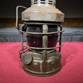 Lot 233 - Vintage Embury Luck-E-Lite No. 25 Kerosene Lantern with Red Globe, Manufactured by Embury Manufacturing Company, Warsaw, New York, 6" W x 8-3/4" H