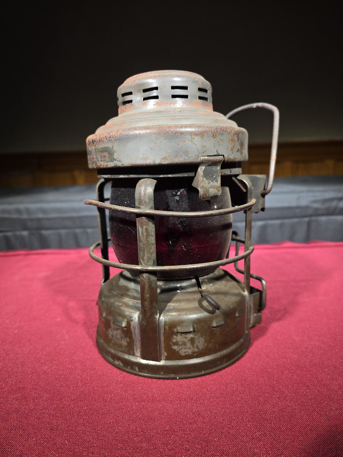 Vintage Embury Luck-E-Lite No. 25 Kerosene Lantern with Red Globe, Manufactured by Embury Manufacturing Company, Warsaw, New York