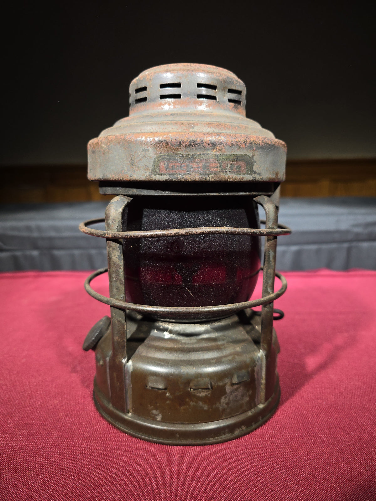 Vintage Embury Luck-E-Lite No. 25 Kerosene Lantern with Red Globe, Manufactured by Embury Manufacturing Company, Warsaw, New York