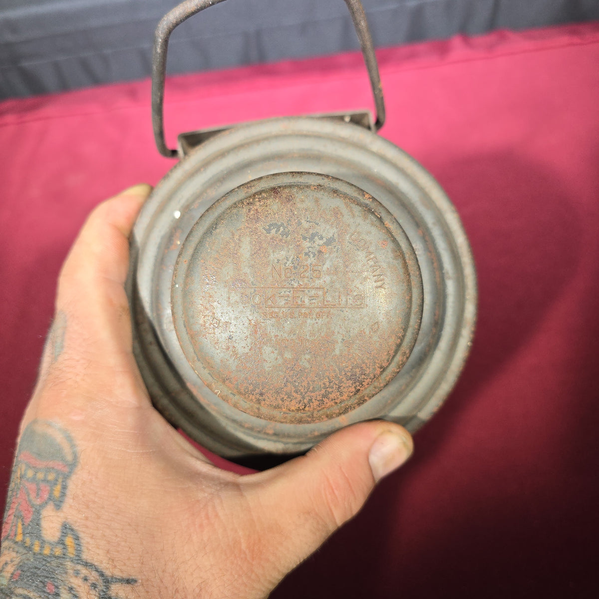 Vintage Embury Luck-E-Lite No. 25 Kerosene Lantern with Red Globe, Manufactured by Embury Manufacturing Company, Warsaw, New York