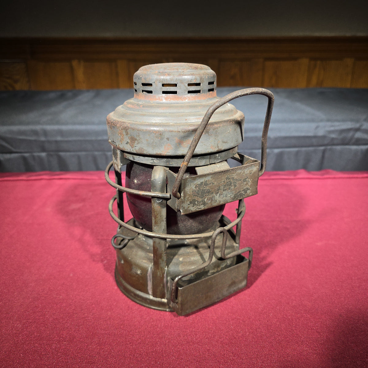 Vintage Embury Luck-E-Lite No. 25 Kerosene Lantern with Red Globe, Manufactured by Embury Manufacturing Company, Warsaw, New York
