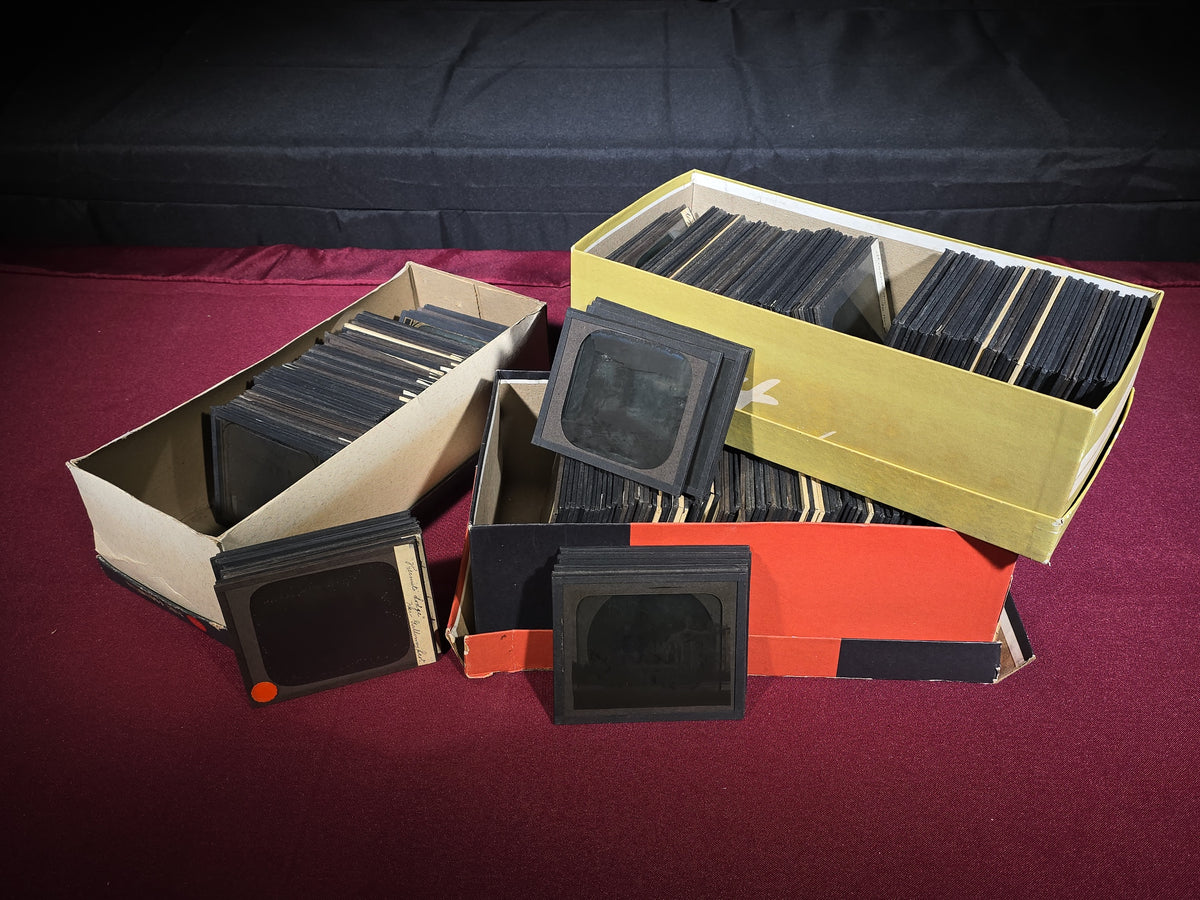 Large Grouping of 225+ Antique Magic Lantern Glass Slides including Travel, Coastal, Farming, and Boating Subjects