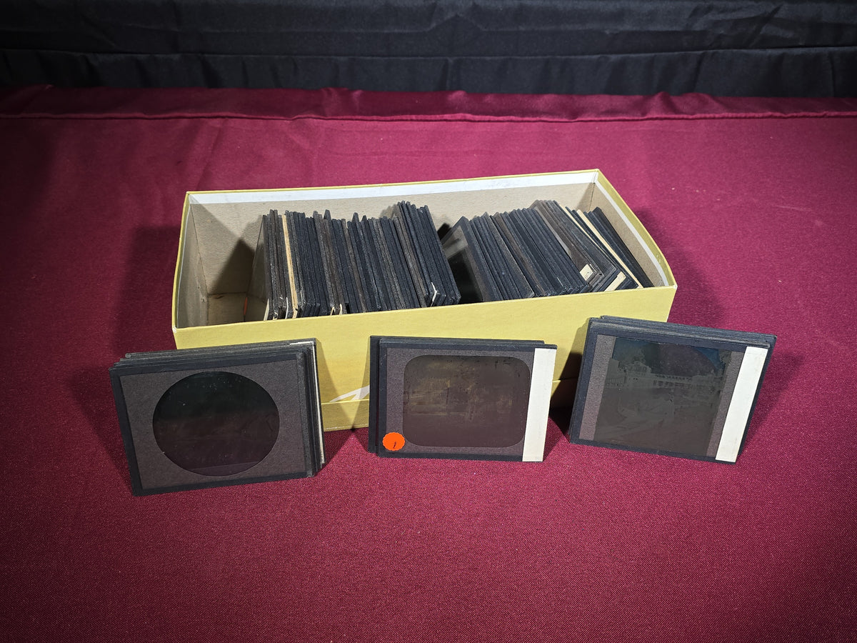 Large Grouping of 225+ Antique Magic Lantern Glass Slides including Travel, Coastal, Farming, and Boating Subjects