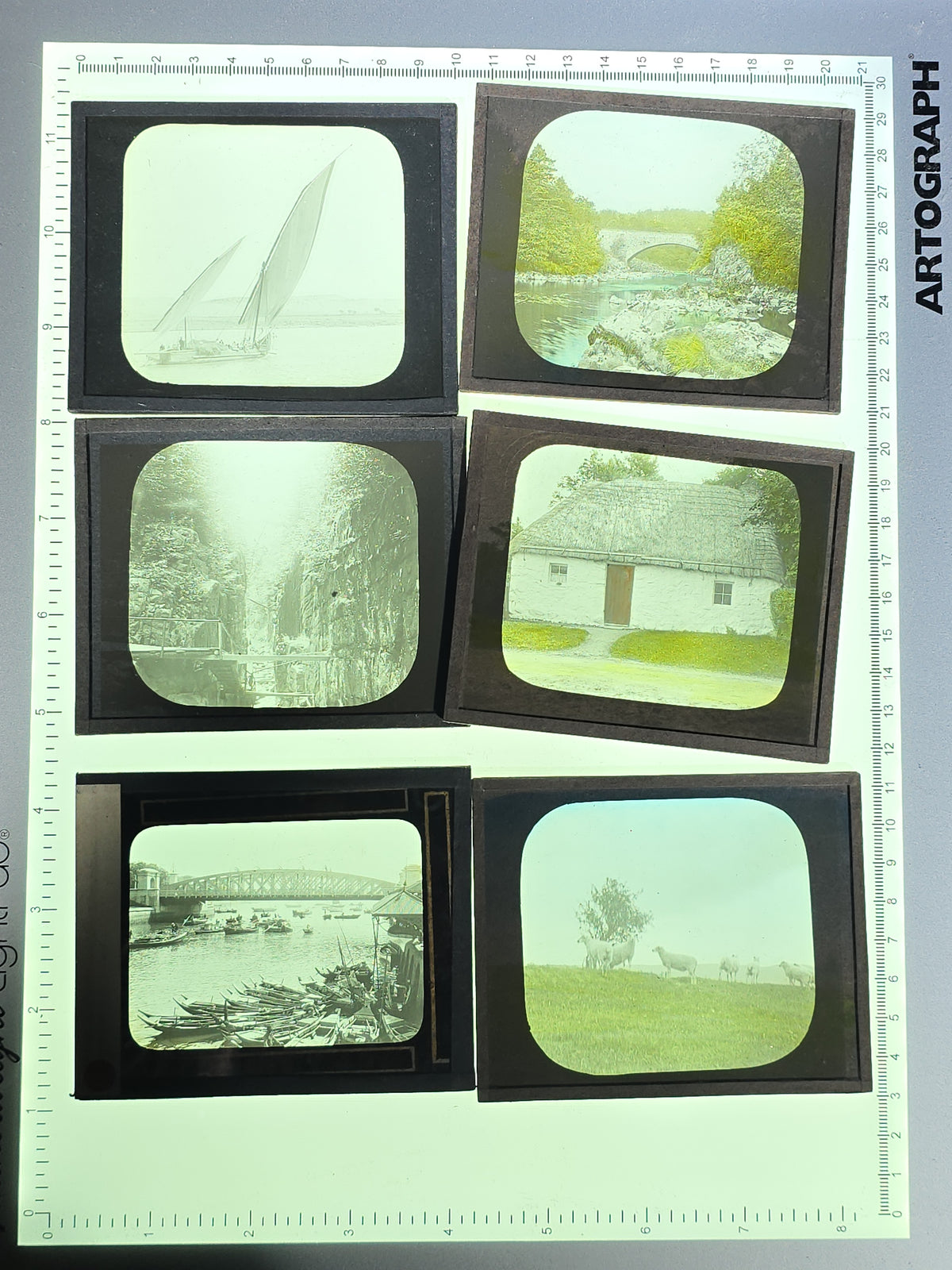 Large Grouping of 225+ Antique Magic Lantern Glass Slides including Travel, Coastal, Farming, and Boating Subjects