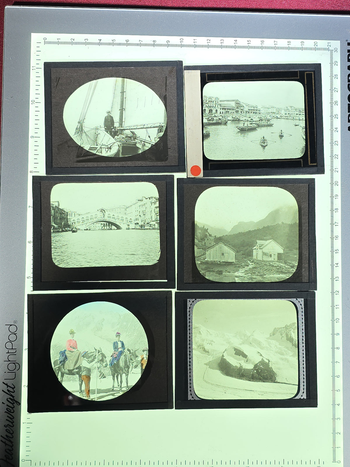 Large Grouping of 225+ Antique Magic Lantern Glass Slides including Travel, Coastal, Farming, and Boating Subjects
