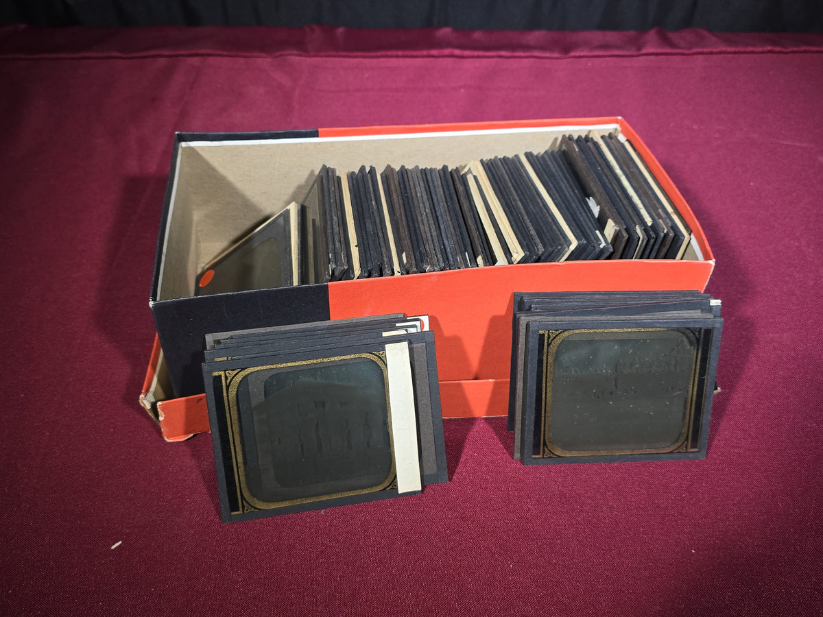 Large Grouping of 225+ Antique Magic Lantern Glass Slides including Travel, Coastal, Farming, and Boating Subjects